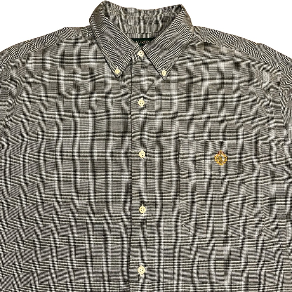 Lauren Ralph Lauren Plaid Crest Logo Button Down Shirt Black White M Preppy